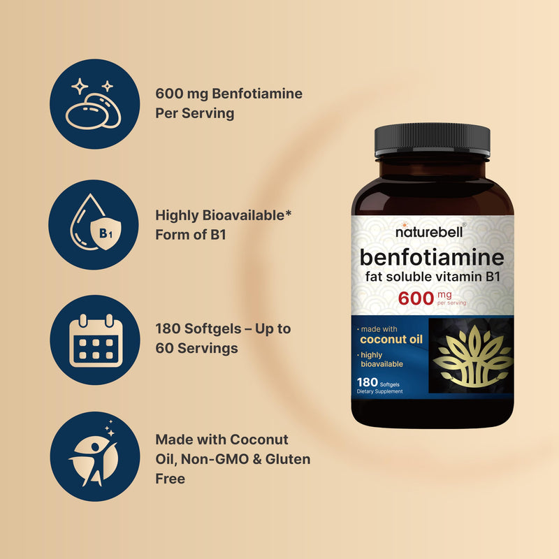 NatureBell Benfotiamine 600mg per Serving,180 Coconut Oil Softgels | Fat-Soluble Vitamin B1 for Men & Women, Converted to Active Thiamine | Non-GMO, cGMP Manufactured