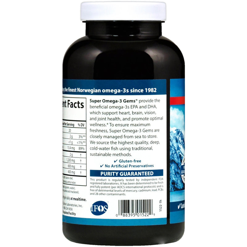Carlson Super Omega-3 Gems, 1200 mg, Omega-3s, 250 Softgels | with EPA and DHA; Wild Caught Norwegian Fish Oil Supplement; Sustainably Sourced Fish Oil Capsules; Omega 3 Supplements Unflavored 250 Count (Pack of 1)