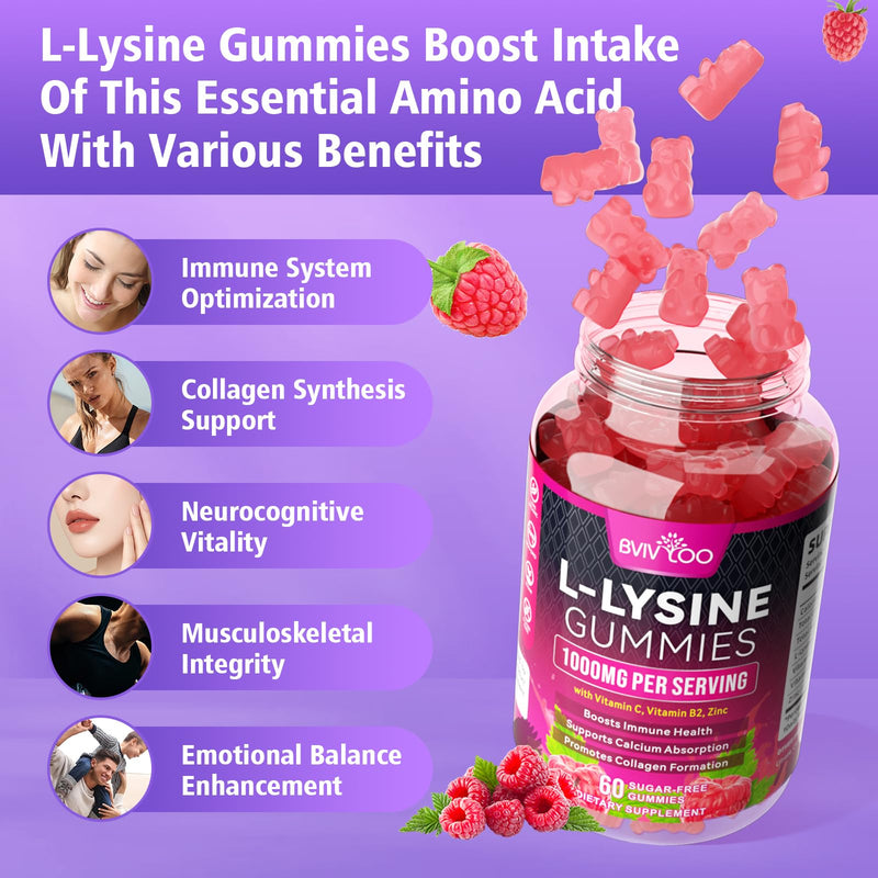 L-Lysine 1000mg Gummies for Immune Support & Skin Health - High Potency Vegan, Sugar-Free, Gluten-Free Supplement with Natural Raspberry Flavor for Adults & Kids - 120 Gummies 2pack