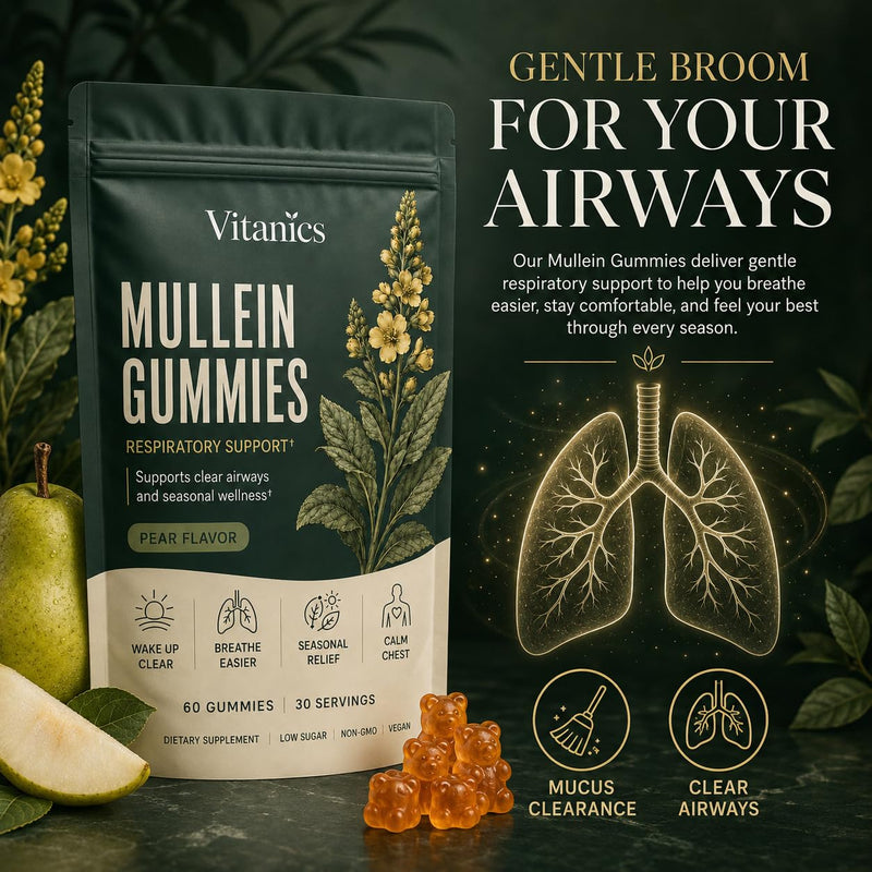 Vitanics Mullein Gummies with Quercetin and Bromelain, 60 Count | Mullein Leaf Extract for Lungs, Ashwagandha and Vitamin D3 in Pear-Flavored Gummies, Daily Respiratory Wellness