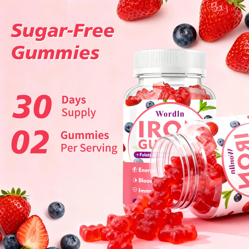 Iron Gummies for Women, Men & Kids for Energy Support & Immune Health | Vegan Iron Supplement Gummies with Vitamin C, B12, Folate, Sugar Free, 60 Gummies (Pack of 2) 120 Count (Pack of 1)