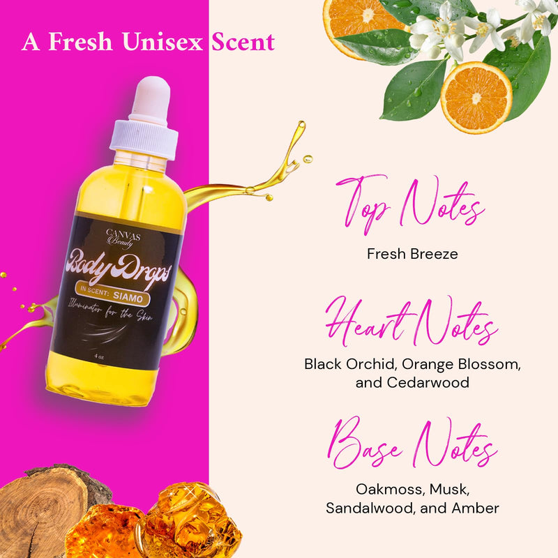Canvas Beauty Body Drops – Siamo Coconut Oil Fragrance Body Oil, Hydrating Perfume Body Drops for Soft Radiant Skin, 4 oz