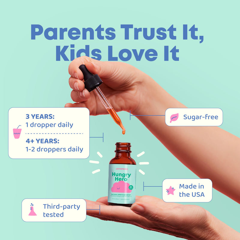 JoySpring Hungry Hero Kids Appetite Drops, 2 oz, Ages 3+ | L-Lysine, zinc and B vitamins, supports healthy eating and growth for picky eaters, sugar-free liquid, no pills 2 Fl Oz (Pack of 1)