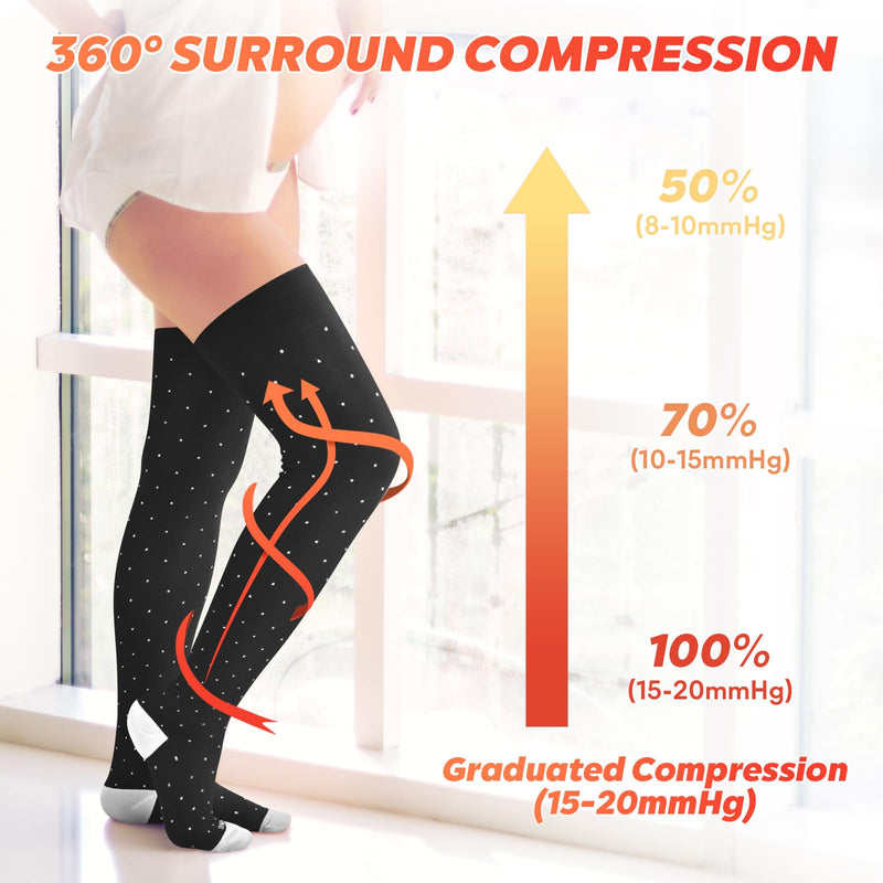 LEVSOX Thigh High Compression Socks for Women 15-20 mmHg Over the Knee Compression Stockings for Men 3 Pair 3 Pairs-black/Stripe/Polkadots Medium