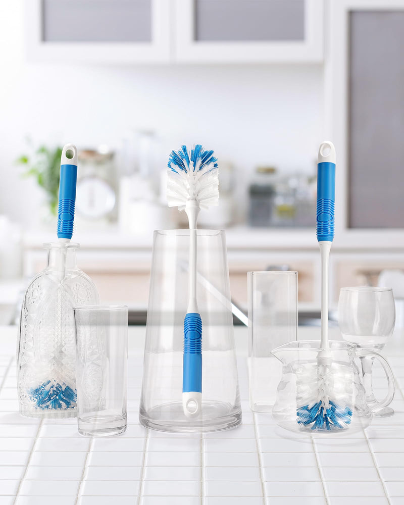 Long Handle Bottle Brush, Bottle Brush Cleaner with Dual Function Bristles for Water Bottles, Glasswares, Mugs, Thermoses, Baby Bottles, Blue 3 Pack Blue Bottle Brush 3pcs - BeesActive Australia