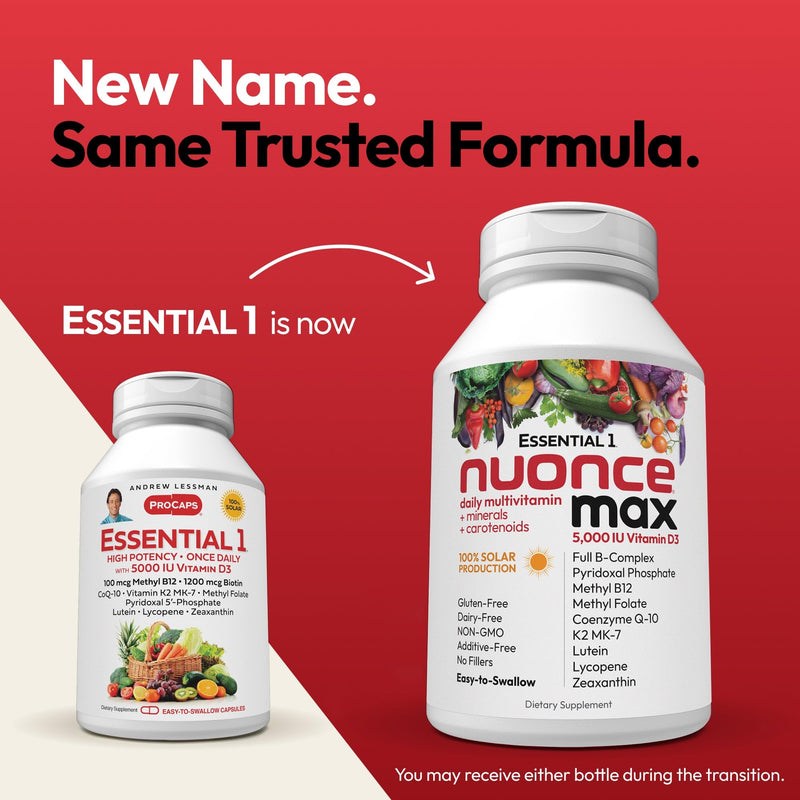ANDREW LESSMAN Essential-1 nuonce max Multivitamin 5000 IU Vitamin D3 180 Small Capsules. 100 mcg Methyl B12. CoQ10 Lutein Lycopene Zeaxanthin. High Potency. No Additives. Ultra-Mild One Daily Capsule | Complete Daily Multivitamin & Mineral Formula wit...