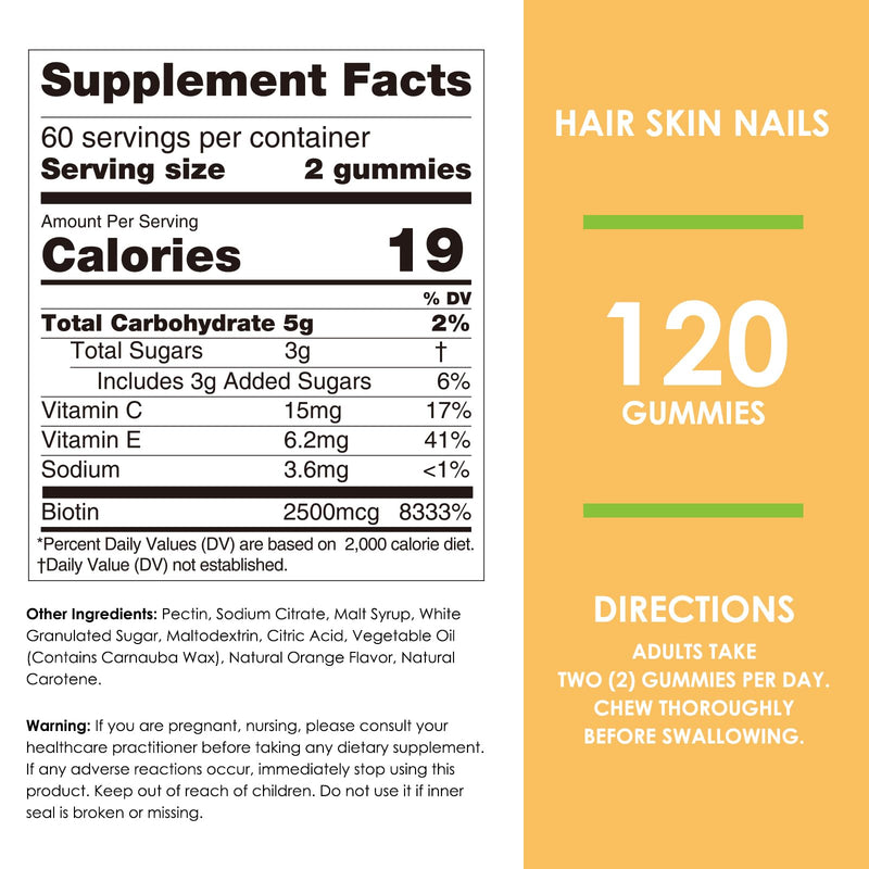 Nature's Key Biotin Gummies with Vitamin C and E, Support Hair Nails Growth & Beautiful Skin for Women Men and Kids, Vegan, Orange Flavors, 120 Count 120 Count (Pack of 1)
