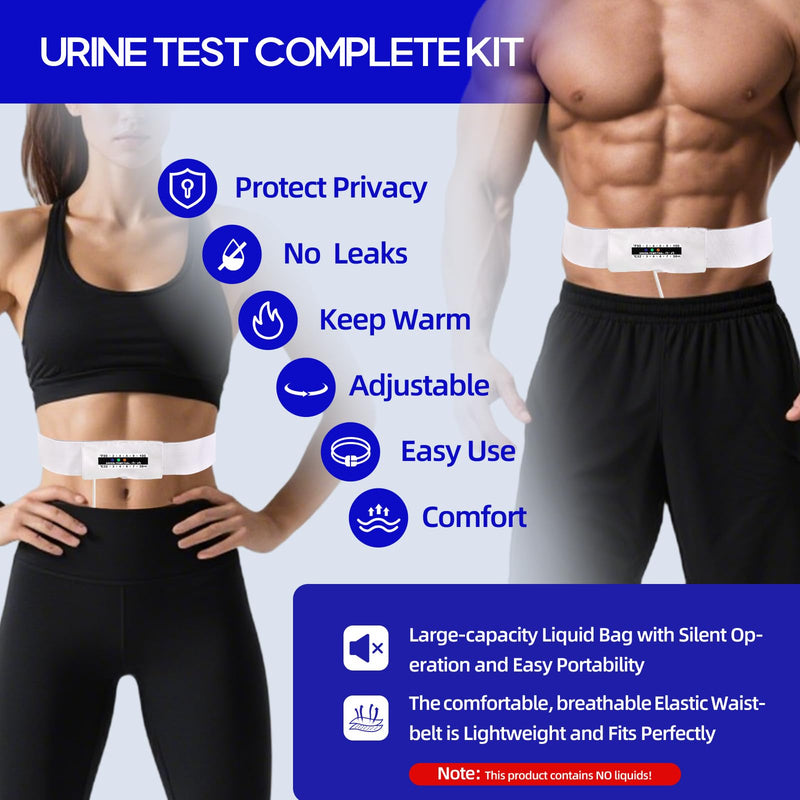 Urine Test Complete Kit with 2 to 4 oz Flexible Pouch, 43.3 Inch Concealed Stretch Belt with 5 Release Outlets, Temperature Strips, Silicone Funnel, Clamps and Plug, Reusable Storage System White Kit-1
