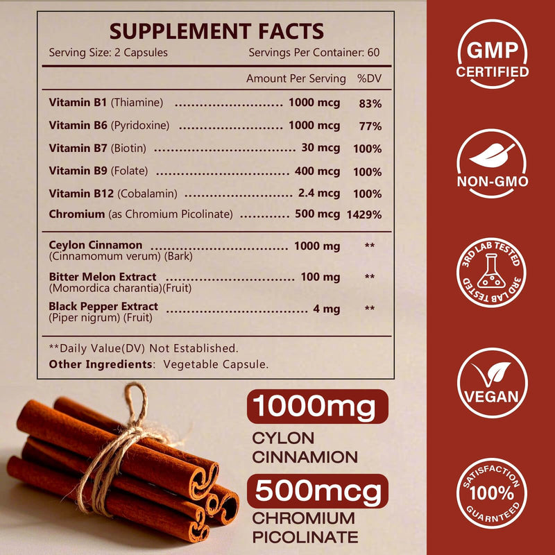 NATURE TARGET Ceylon Cinnamon for Energy & Digestion, 120 Capsules | 1000mg True Ceylon Cinnamon with Bitter Melon, Chromium, and B Vitamins, Supports Energy, Digestion, and Metabolism, Vegan 120 Count (Pack of 1)