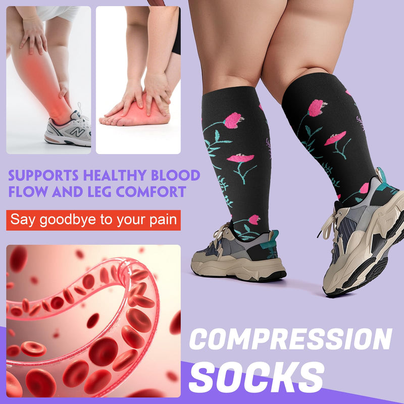 4 Pairs Plus Size Compression Socks,Extra Wide Calf 20-30 mmHg Knee High Compression Socks for Men Women Circulation 3X-Large 06-white Flower