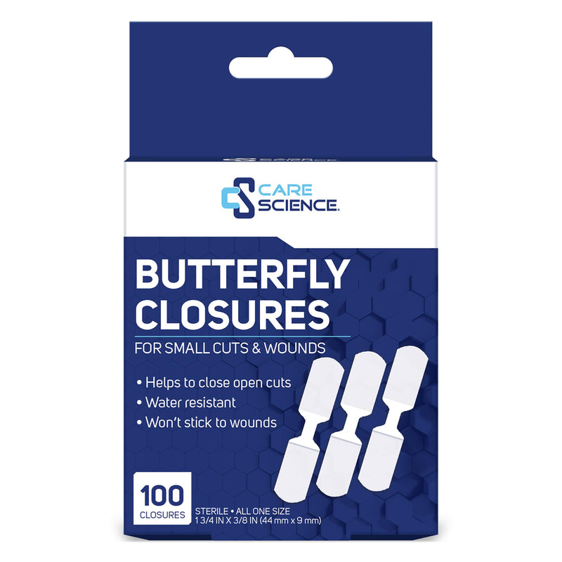 Care Science Butterfly Adhesive Closures Medium, 100ct |Waterproof Closures that Firmly Holds Minor Cuts and Wounds Closed