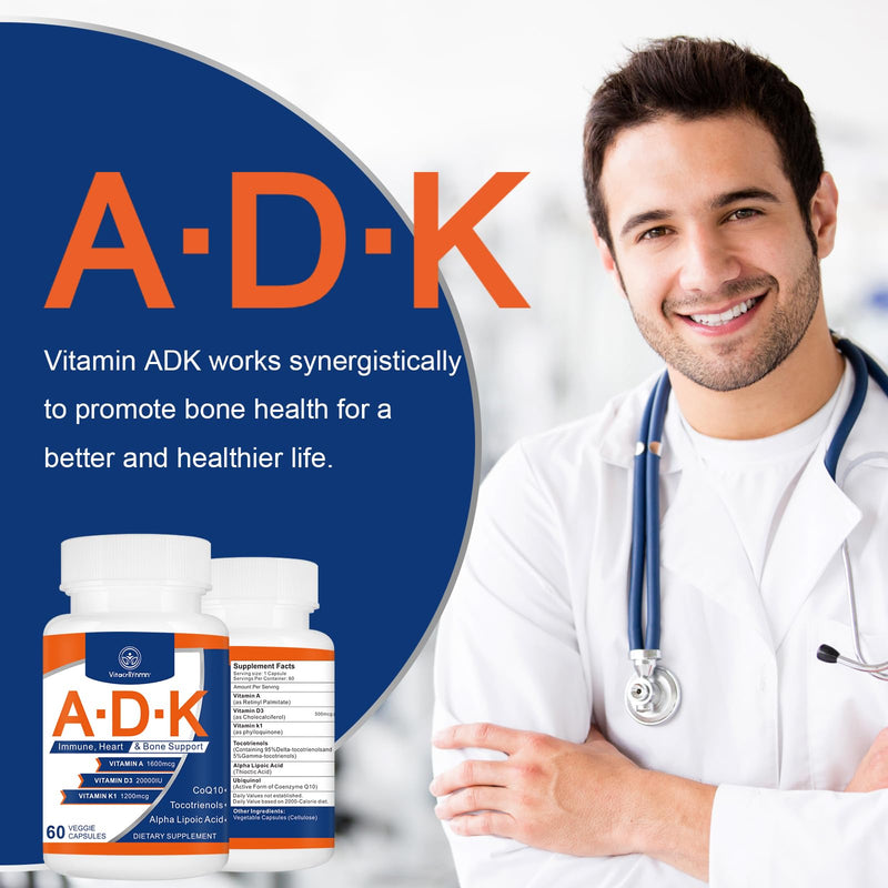 ADK Vitamin Supplement 20000 IU - High Potency Vitamins A, D3 and K1 for Heart, Bone Health and Immune Support Vitamin ADK 120 Capsules