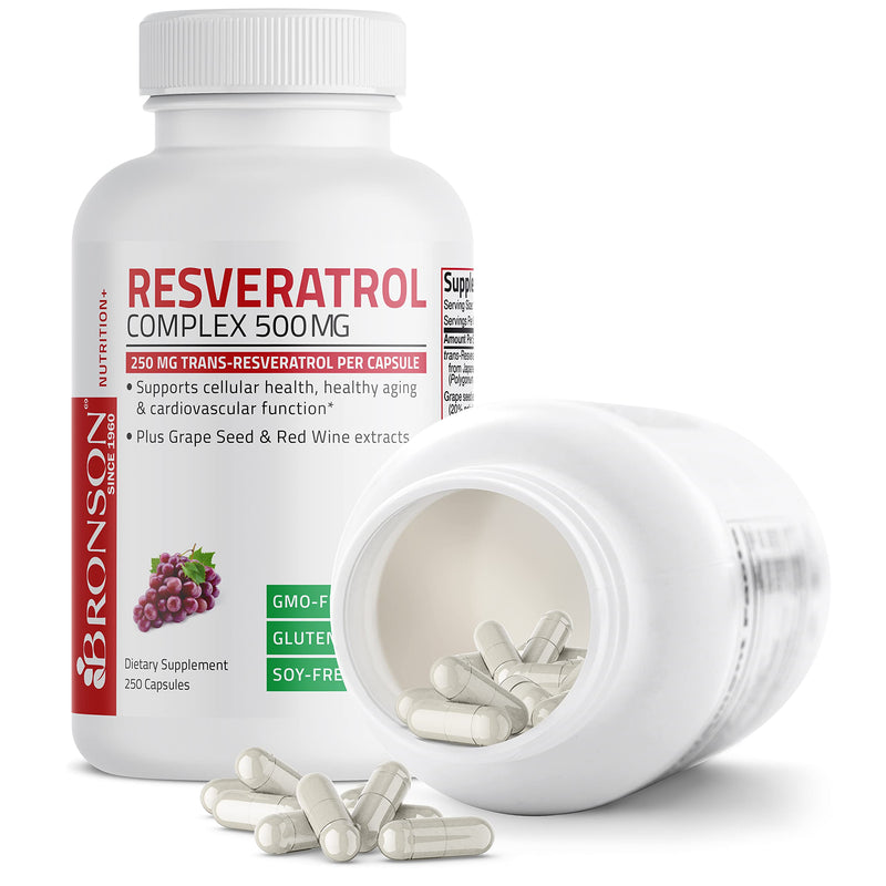 Bronson Resveratrol Complex 500 mg with Grape Seed & Red Wine, 250 Capsules | trans-Resveratrol from Japanese Knotweed, Healthy Aging & Cellular Support, Non-GMO, Gluten-Free & Soy-Free 250 Count (Pack of 1)