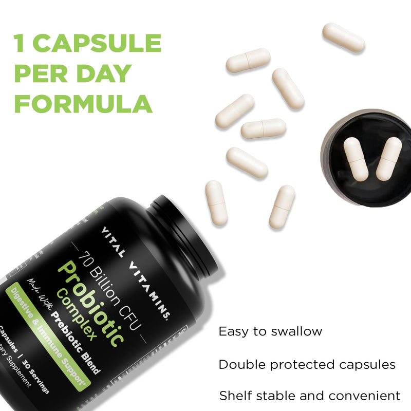 Vital Vitamins Probiotic Complex, 70 Billion CFU for Men & Women | 10-Probiotic Strain Blend with Prebiotic FOS, Supports Digestion & Immunity, Shelf-Stable, 30 Capsules 30 Count (Pack of 1)