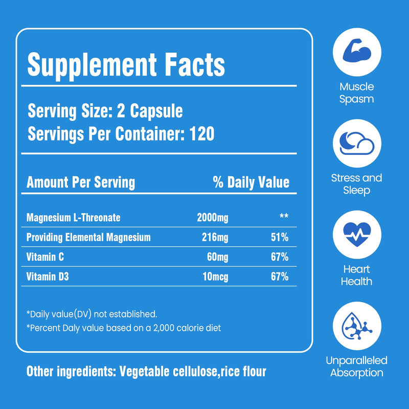 Magnesium L-Threonate 120 Capsules,Vitamin D3,Magnesium Threonate with Vitamin C,High Absorption,Non-GMO,60 Days Supply (120)