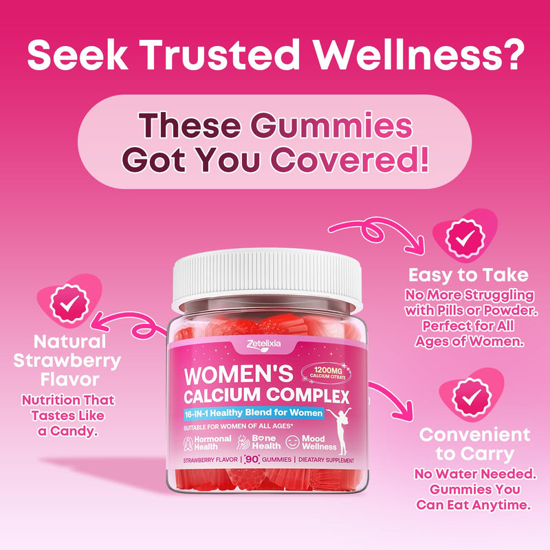 Calcium Gummies for Women, Calcium Citrate 1200mg with Vitamin D3 K2, Collagen & Biotin, B0ne, Teeth, Immune & Hormone Support, Sugar Free, Non-GMO, Gluten-Free, Strawberry Flavor, 90 Count 90 Count (Pack of 1)