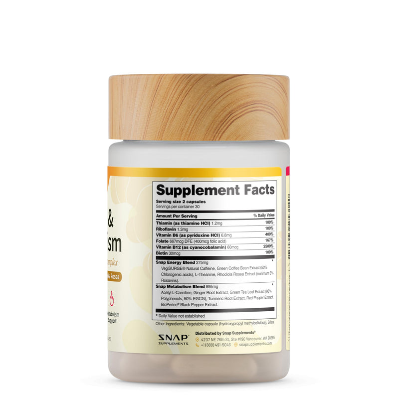 Snap Supplements Energy & Metabolism Adaptogenic Herbal Complex, 60 Count | Ginger, Turmeric, Rhodiola Rosea, Vitamin B12, Support Metabolism, Natural Energy, 30-Day Supply, Vegan, Gluten-Free, Non-GMO