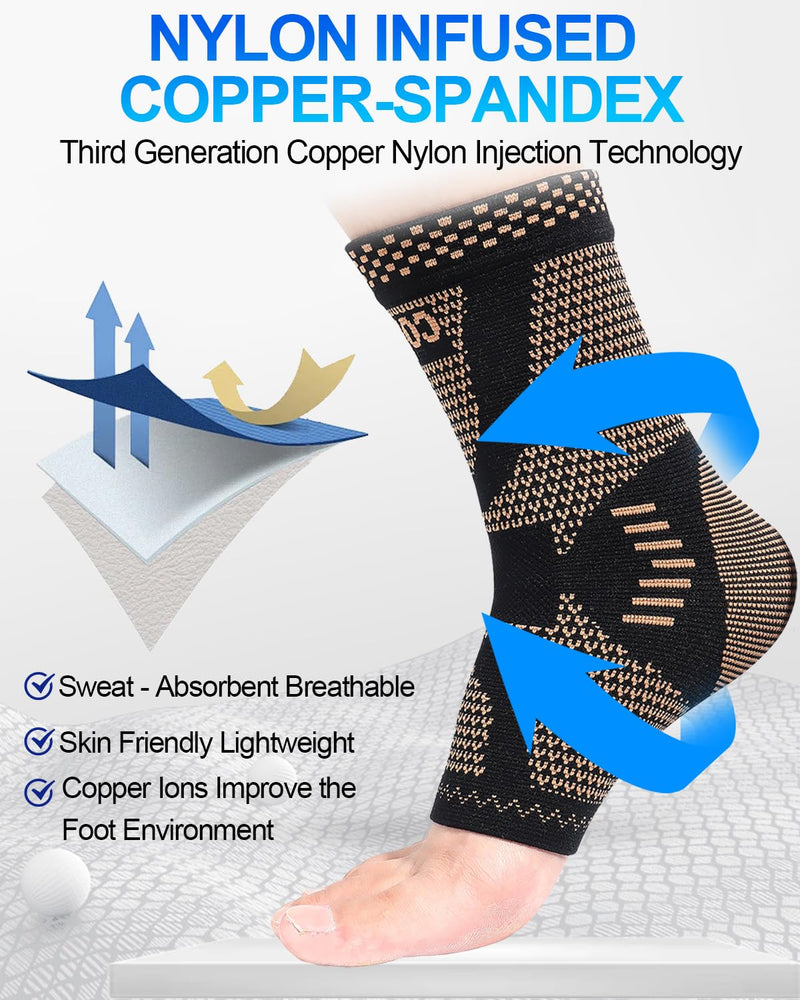 LISEPWU Copper Ankle Brace, Copper Infused Ankle Support Compression Sleeve for Men & Women, for Foot Pain Relief, Sprained Recovery, Achilles Tendonitis, Daytime or Night Use(L) Yellow- black Large - BeesActive Australia