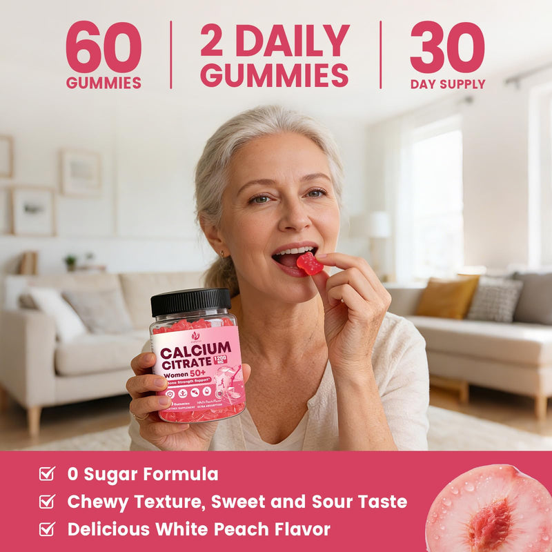 (2 Pack) Calcium Citrate with Vitamin D3 Gummies for Women 50 Plus - Bones, Teeth, Immune Support, 1200mg Calcium Citrate Gummies with Vitamin D3 K2, Vegan, Sugar-Free, White Peach Flavor, 120 Count