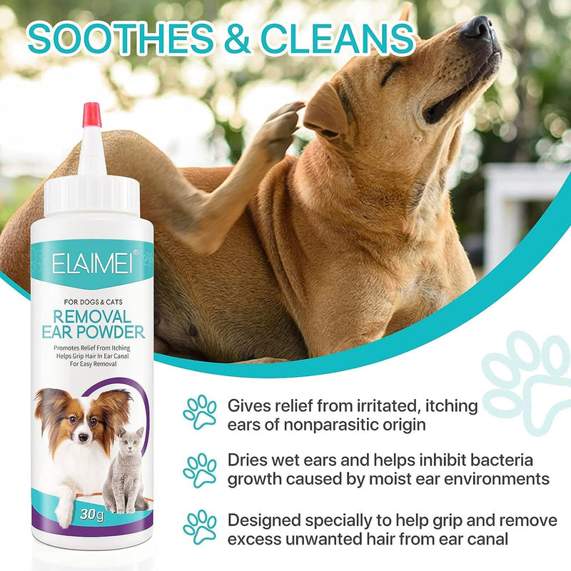 Dog Ear Cleaner 30 g, Ear wash for Dogs & Cats, Dog Ear Powder for Hair Removal, Pet Ear Infection Treatment, Effectively Removes Debris, Waxy, Buildup and Ear Odor, Soothes Itchy & Inflamed Ears 70g
