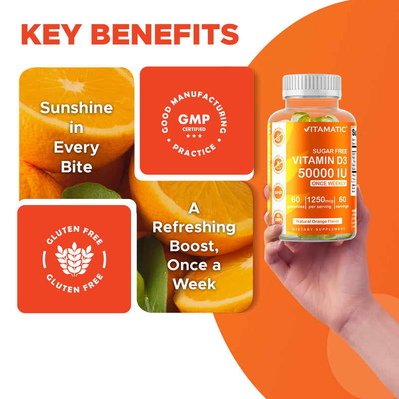 Vitamatic Vitamin D3 50,000 IU, 60 Natural Orange Flavor Gummies | 1250 mcg Cholecalciferol, Once Weekly Serving, Gluten Free, Non GMO 60 Count (Pack of 1)