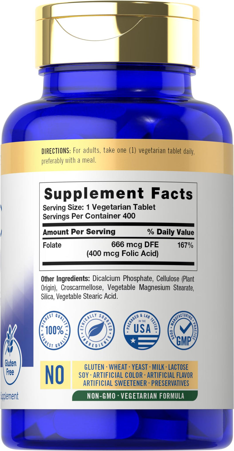 Carlyle Folic Acid 400 mcg | 400 Tablets | Vegetarian, Non-GMO & Gluten Free Supplement