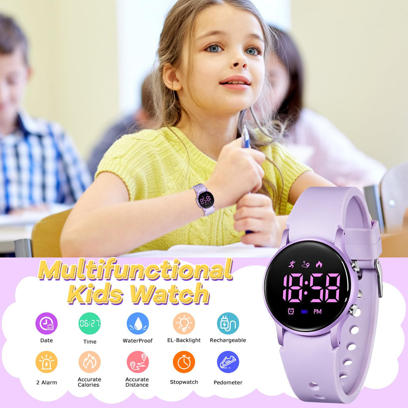 BEN NEVIS Kids Watch for Boys Girls Waterproof Digital Watch for Kids with Pedometer, Vibration Alarm Clock, Stopwatch, Calendar, No App for Ages 5-18 02-Purple - BeesActive Australia