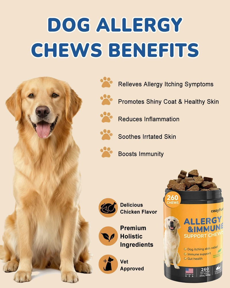 Dog Allergy Chews 260Ct - 23oz Dog Supplements for Itchy Skin and Paw Licking, USA Lab Formula with Probiotics, Dogs are Human Multivitamin Itch Relief, Boost Immune System (260CT)