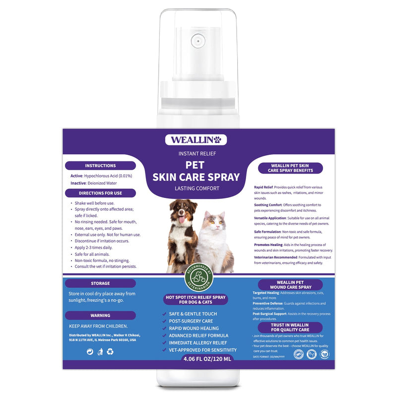 WEALLIN Hot Spot Itch Relief Spray for Dogs & Cats - Hot Spot Treatment for Dogs itchy dog skin relief,Pet wound care spray for Itchy, Irritated Skin, Allergy, Rashes, Wound Care 120ML