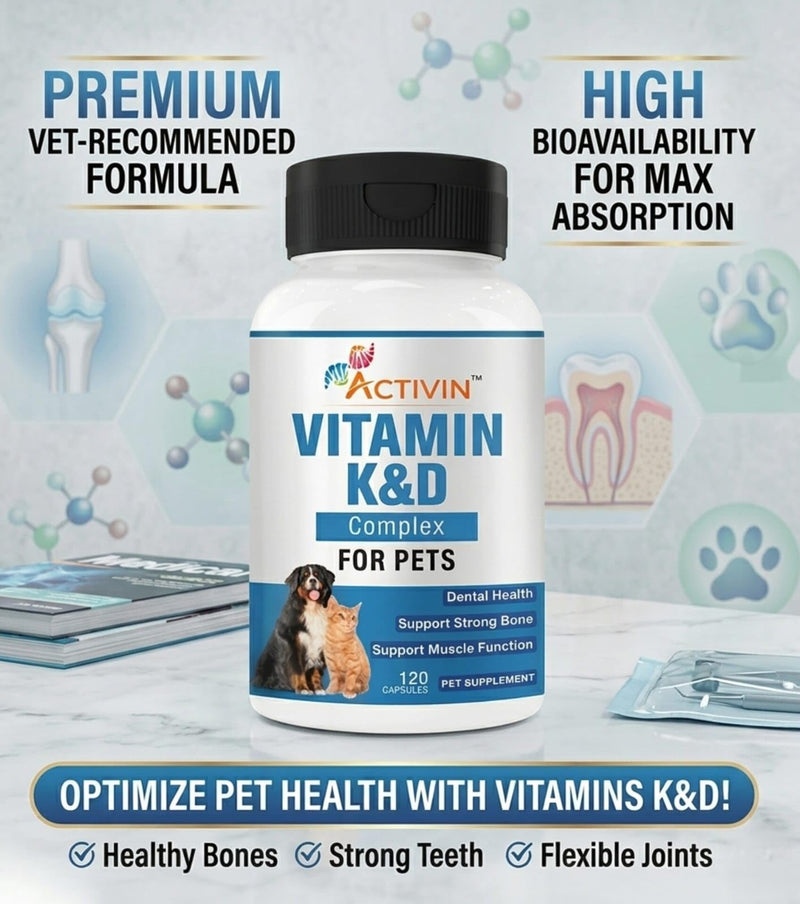 Vitamins K and D Complex K1 & K2 (MK4 & MK7) + Vitamin D3, Help Maintain Strong Bones | Promote Healthy Heart | Boost Immune System | Support Muscle Function for Pets |120 Capsules.