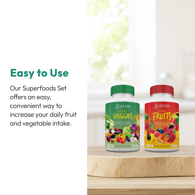 Justified Laboratories Superfoods Set - Includes Vital Fruits (90 Capsules) + Vital Veggies (90 Capsules) - Non-GMO, Vegan - 30 Servings per Bottle 90 Count (Pack of 2)