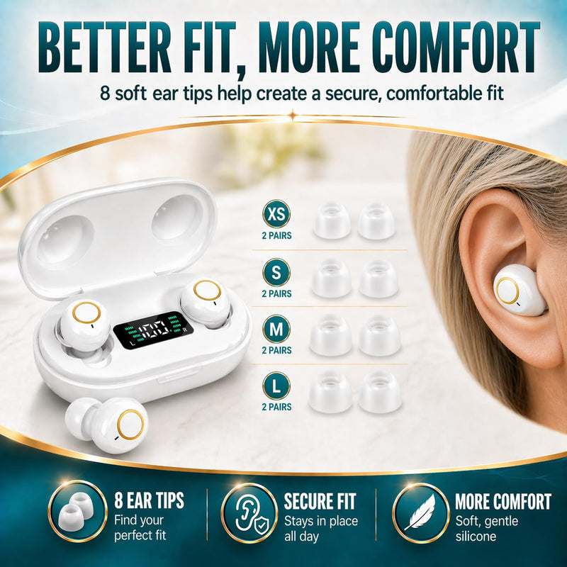 Rechargeable Hearing Amplifier for Seniors - Personal Sound Amplifier Device with Charging Case, Noise Reduction for TV Watching & Conversations, Easy Volume Control, Comfortable In-Ear PSAP (White) White