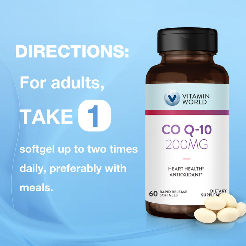 Vitamin World CoQ10 200 mg Softgels, 60 Rapid Release Softgels | Coenzyme Q10 Supplements for Antioxidant Support, Heart Health & Energy Production, Gluten Free 60 Count (Pack of 1)