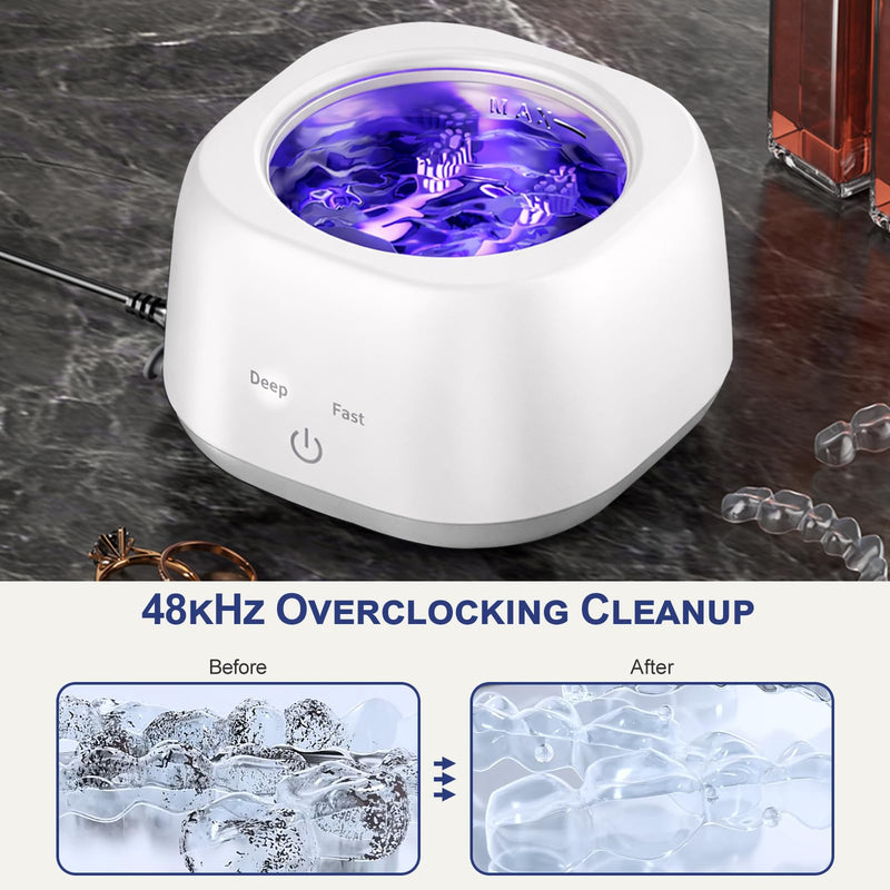 Ultrasonic Retainer Cleaner Machine 48kHz Denture Cleaning Pod, 280ML Dental Deep Cleaning Pod for Dentures, Aligners, Invisalign, Mouth Guards, Night Guards, Jewelry, Toothbrush (White) white