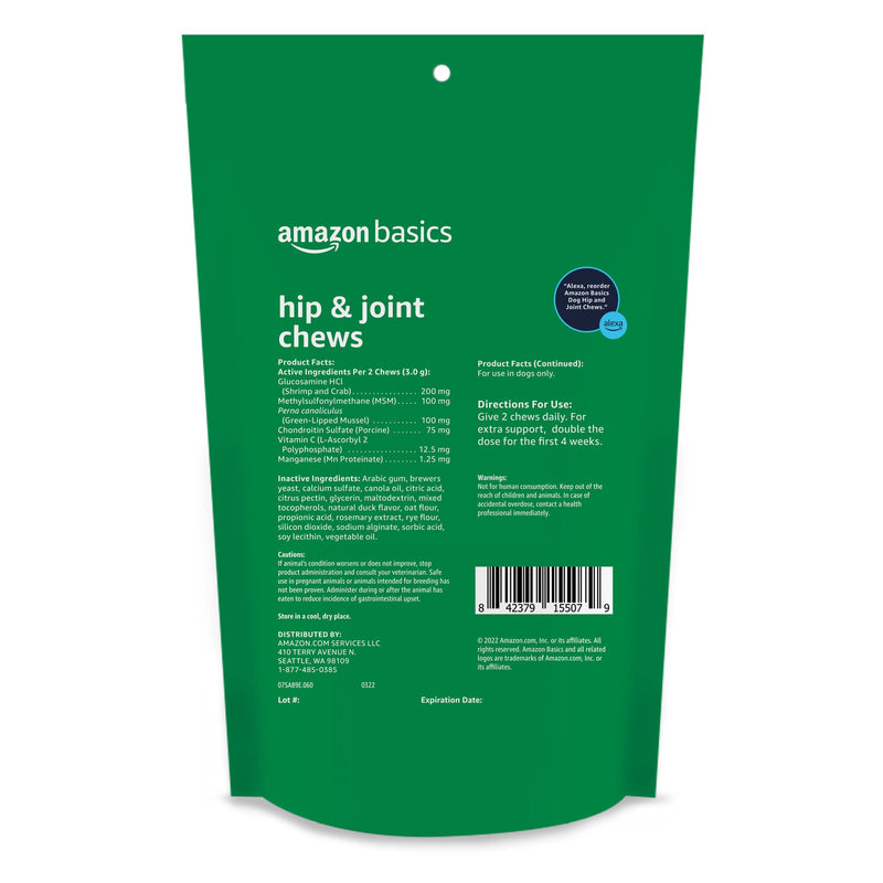 Amazon Basics Dog Hip & Joint Daily Supplement Chews with Glucosamine, MSM, and Vitamin C, Duck Flavored, 60 Count (Previously Solimo) 60 Count (Pack of 1)