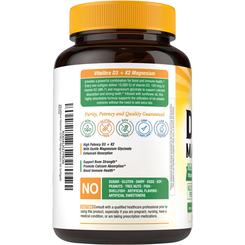Vitalibre Vitamin D3 K2 10000 IU + Magnesium Glycinate, 60 Mini Softgels | High Absorption D3 K2 Vitamin 10000 IU for Bone, Teeth, Immune & Energy Support, Non-GMO, Easy to Swallow