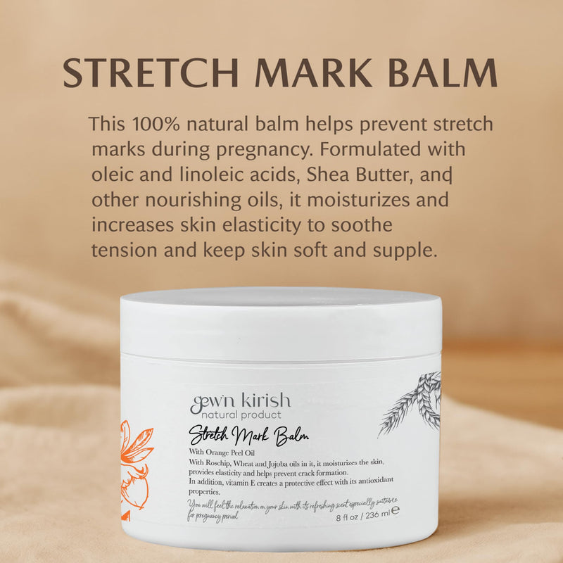 GEW’N KIRISH Natural Stretch Mark Balm – Pregnancy-Safe Moisturizer with Shea Butter, Orange Peel Oil & Jojoba | Non-Greasy, Petrolatum-Free, Whole Body Use, 8 oz