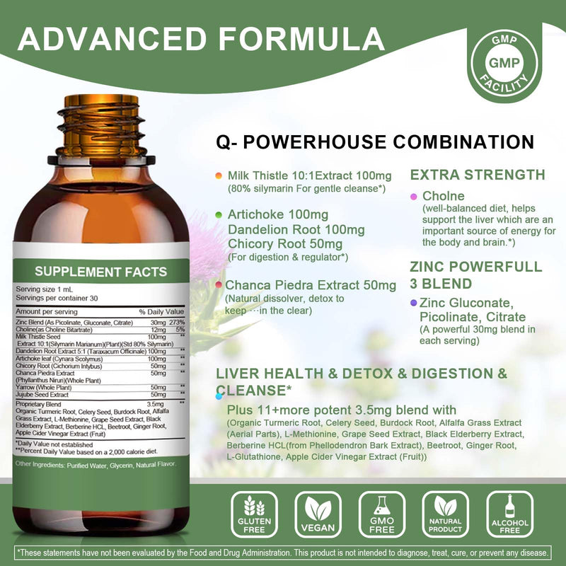 Liver Health Liquid Drops -Support Liver Cleanse Detox & Repair with Artichoke Milk Thistle Silymarin Extract, Dandelion,Turmeric, Berberine to Renew w/21 Potent Herb-Nutrients-60ml 1 Fl Oz (Pack of 2)