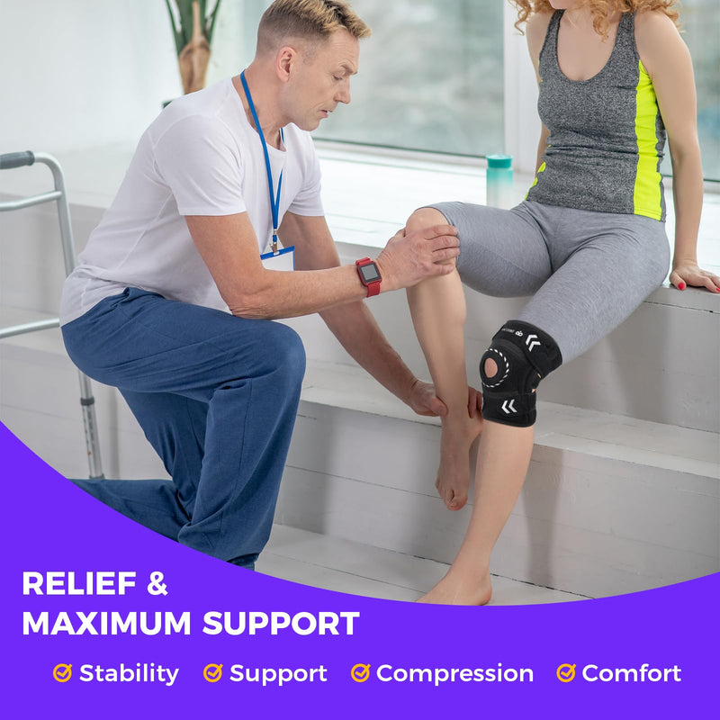 Adjustable Knee Support Brace for Women Men, Adjustable Compression Knee Patellar Pad Tendon Support Sleeve Brace - Arthritis Pain, Injury Recovery, Running, Workout, Neoprene Knee Brace with Stabilizers and Open Patella, Black