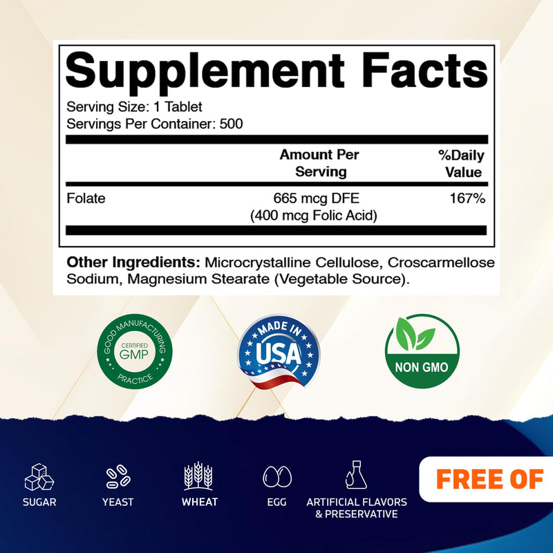 Vitamatic Folic Acid 400 mcg - 500 Vegetarian Tablets - Vitamin B9
