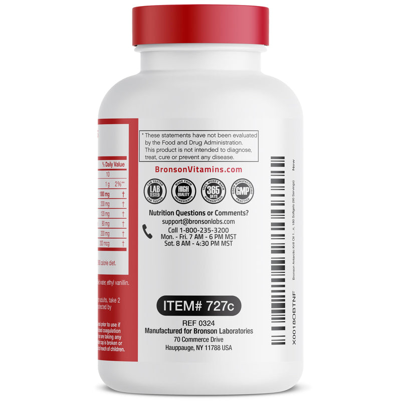 Bronson Antarctic Krill Oil 1000 mg with Omega-3s, 180 Softgels | Heavy Metal Tested, with EPA, DHA, Astaxanthin and Phospholipids, Non-GMO, Gluten Free, Soy Free 180 Count (Pack of 1)