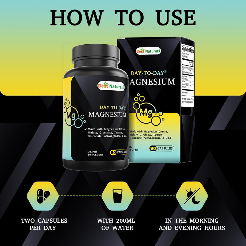 Best Naturals Day-to-Day Magnesium Supplement 400 mg 90 Veg Capsules - Made with Vitamin D3, Ashwagandha Root Extract, Spinach & BioPerine