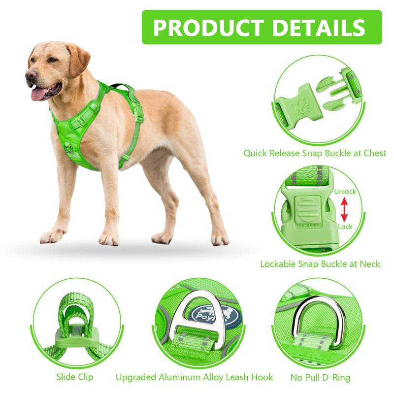 PoyPet No Pull Dog Harness, No Choke Reflective Dog Vest, Adjustable Pet Harnesses with Easy Control Padded Handle for Small Medium Large Dogs(Green Matching Trim,L) L Green(Matching Trim) - BeesActive Australia