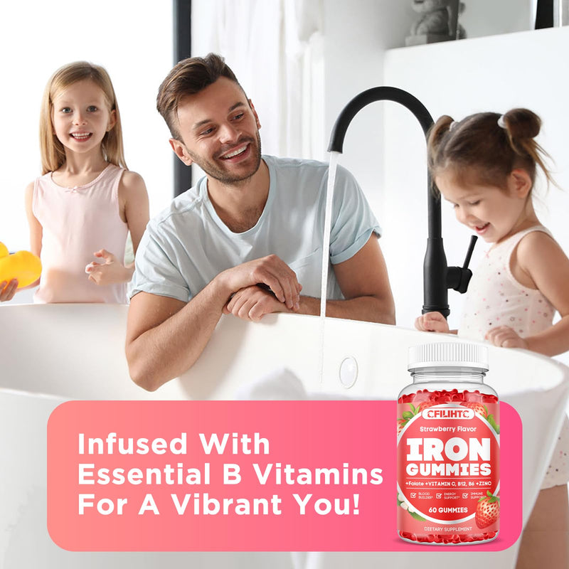2 Pack Iron Gummies for Women & Men - Iron Supplement with Vitamin B6, B12, C, Zinc, Folate for Adults & Kids - Support Iron Deficiency, Anemia, Energy Boost, Blood Builder - Sugar Free Strawberry 60 Count (Pack of 2)