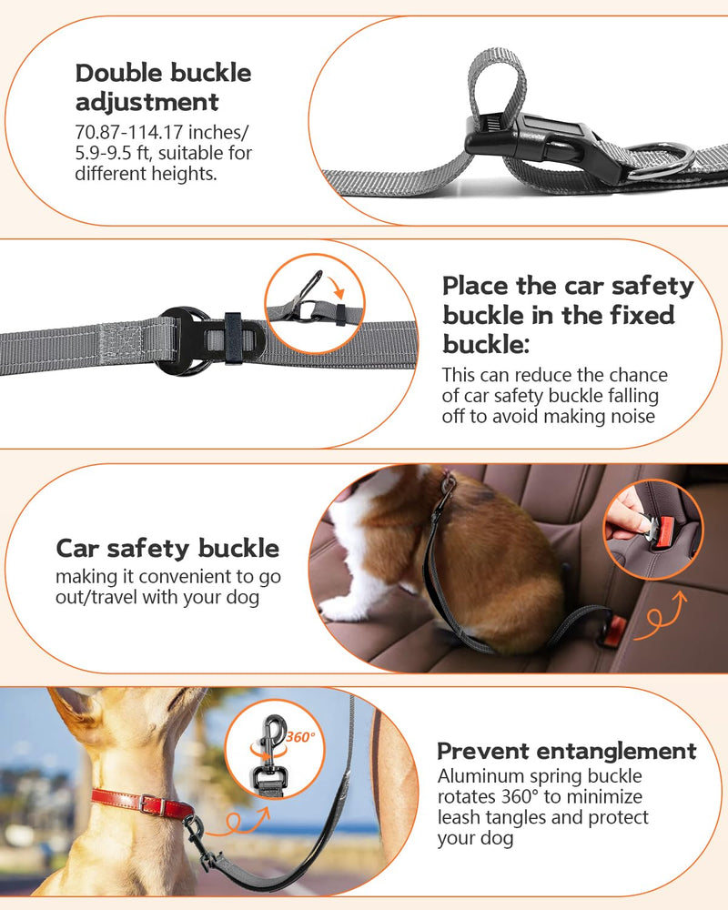 Hands Free Dog Leash, Multifunctional Crossbody Heavy Duty Dog Leash, 9.5 ft Long Waist Belt with Car Safety Buckle for Medium and Large Dogs Walking,Jogging,Running,Training (Grey 5.9-9.5ft). 5.9-9.5ft-Large Grey