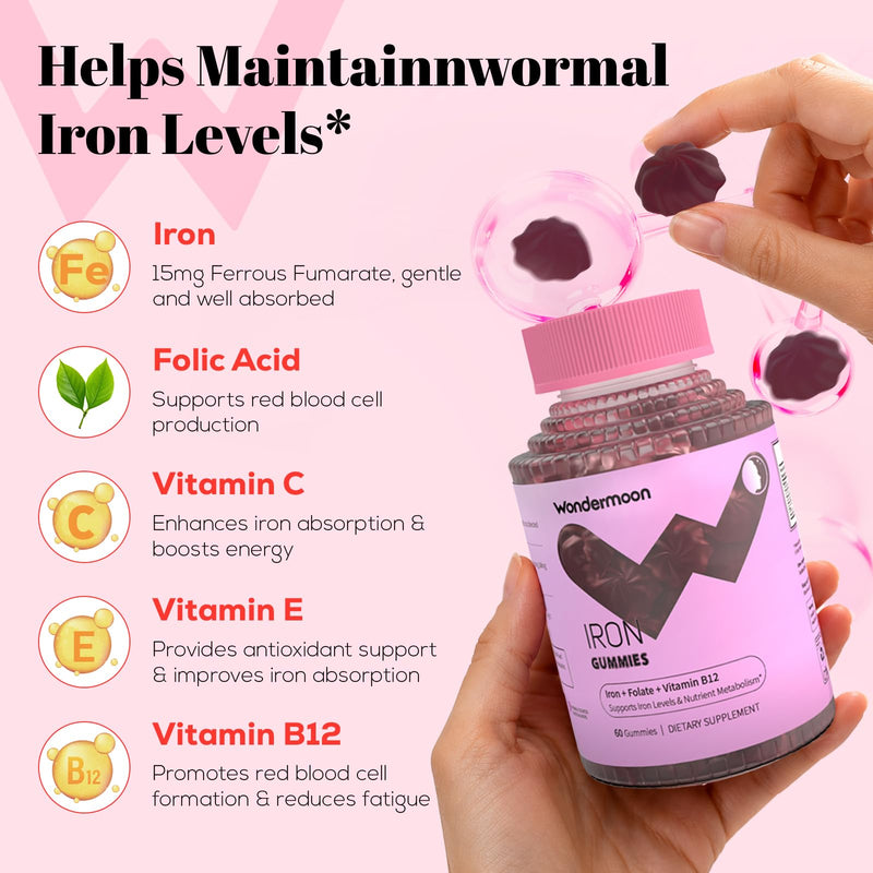 Wondermoon Iron Gummies for Women, Energy Support, Cherry Flavor, 60 Count | Iron Supplement with Vitamin C, B12, E, Folate for Iron Deficiency, Support Iron Levels, Energy & Stamina, Immunity Support