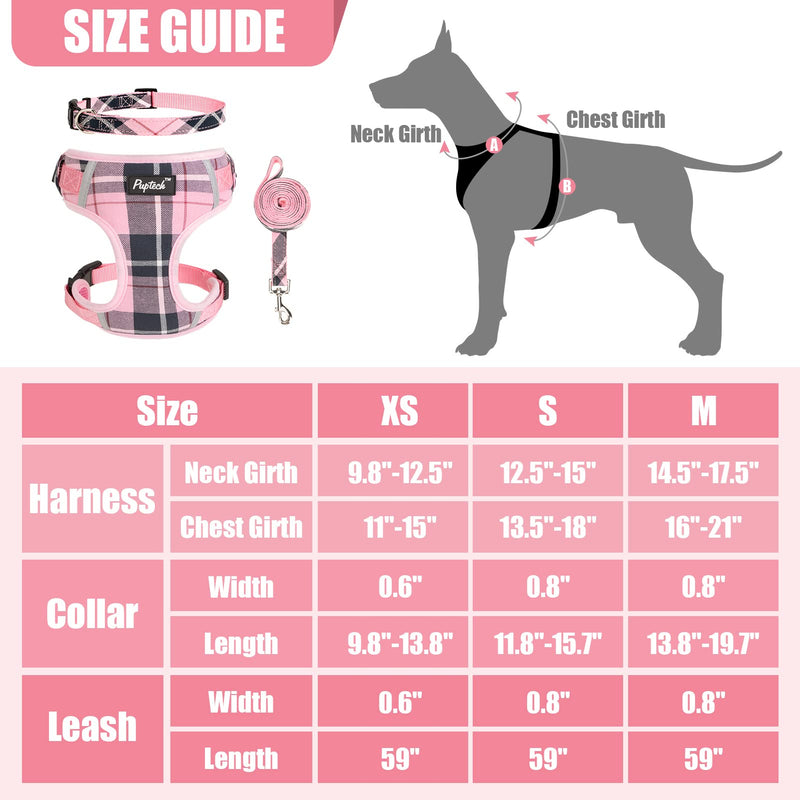 PUPTECK Dog Harness and Leash Collar Set for Small Medium Dogs Puppy and Cats Walking No Pull Adjustable Reflective Soft Mesh Padded Plaid Harnesses Pet Accessories, Pink, M M (Chest 16"-21", Neck 14.5"-17") - BeesActive Australia
