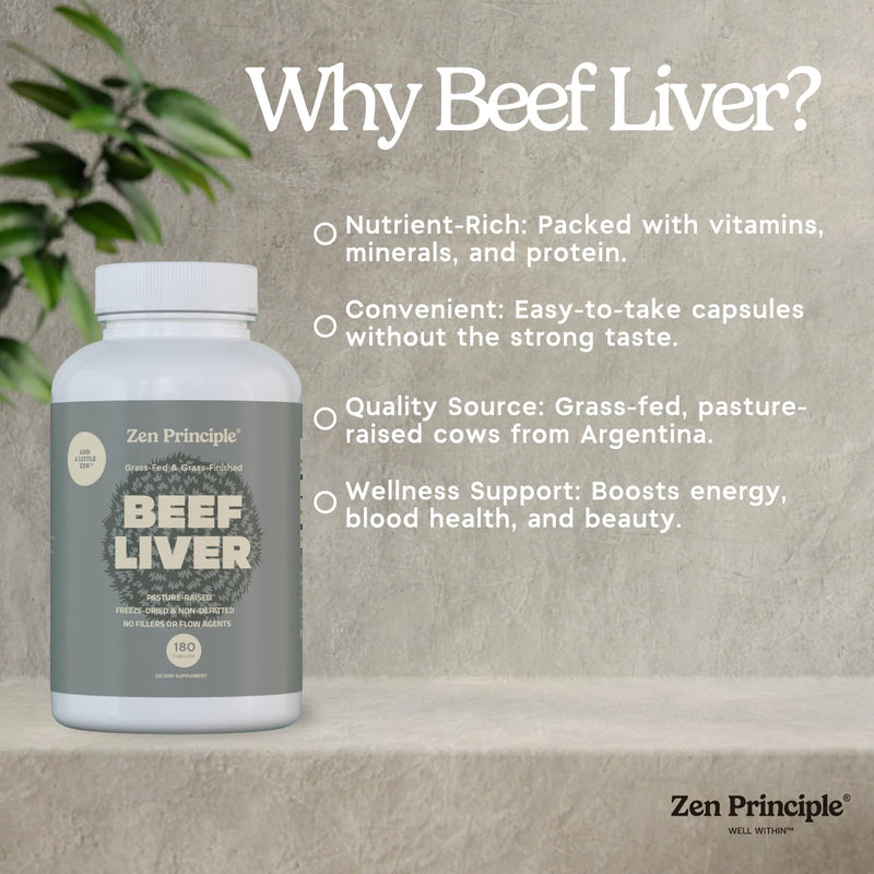 Zen Principle Ultra-Pure Desiccated Beef Liver, Grass-Fed & Finished New Zealand, No Hormones or GMOs, Natural Energy & Workout Support with Iron, Amino Acids & Vitamins. 180 Capsules