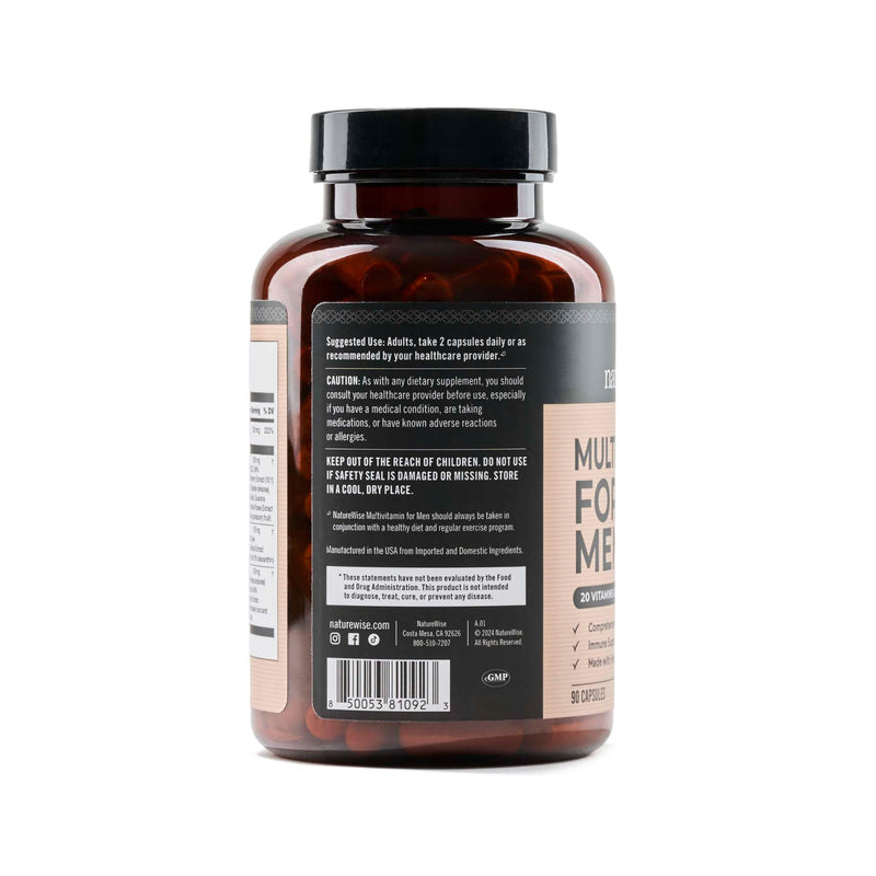 NatureWise Multivitamin for Men - Daily Male Support - Minerals & Herbs for Energy, Performance, Immunity - with Vitamin A, C, D, B-Complex - Soy & Gluten-Free, Non-GMO - 90 Capsules[45-Day Supply] Unflavored 90 Count (Pack of 1)