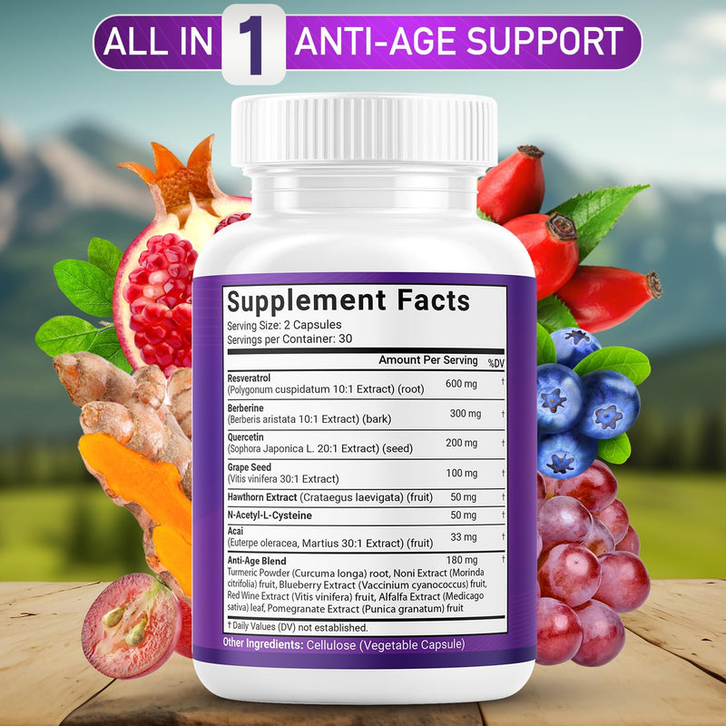 JB Wellness Resveratrol Grape Seed Extract, Berberine, Quercetin - Polyphenol Supplement for Women and Men with Noni, N-Acetyl Cysteine, Acai Extract - 60 Capsules 60 Count (Pack of 1)